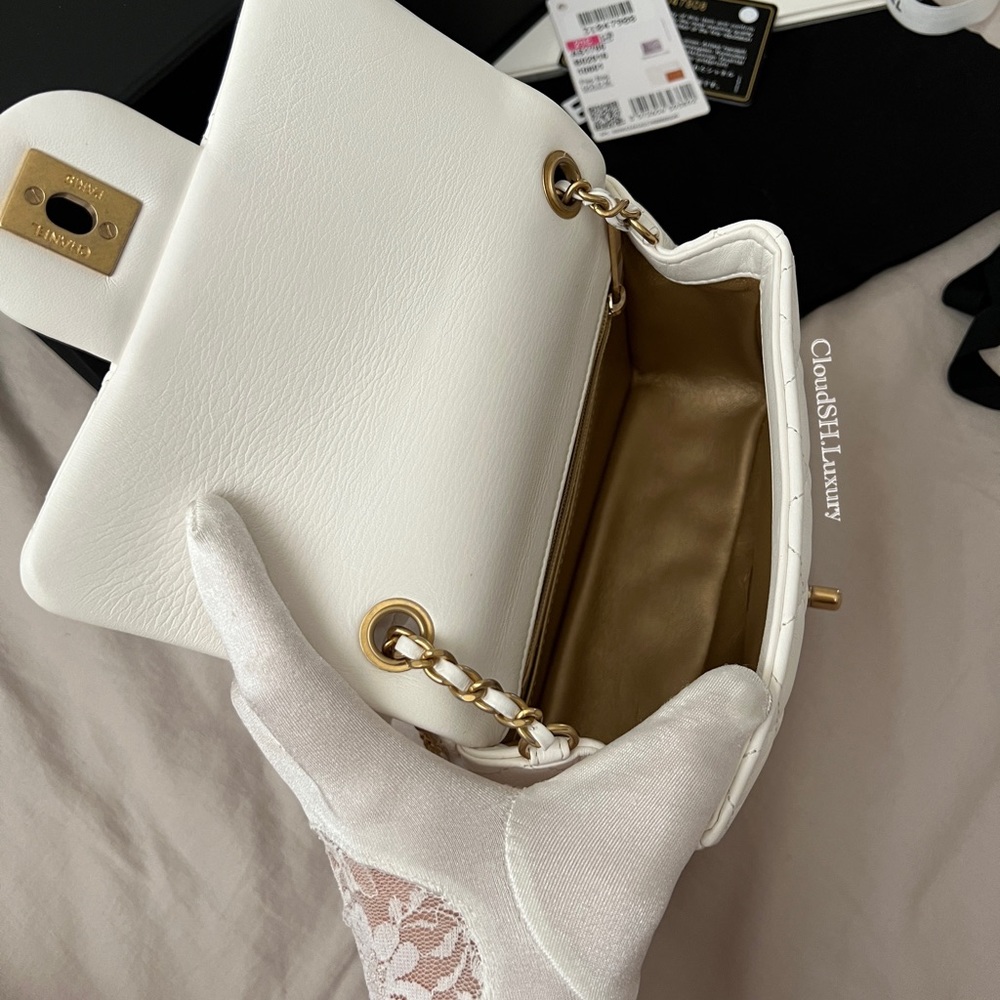 Auth Chanel White Pearl Crush Mini Square - Lambskin w/ Aged Gold Hardware - Picture 8 of 16